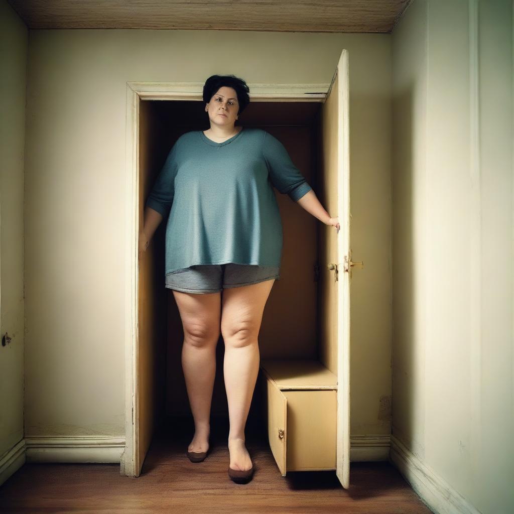 A very tall, huge woman trying to fit into a tiny room