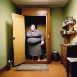 A very tall, huge woman trying to fit into a tiny room