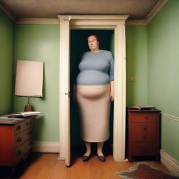 A very tall, huge woman trying to fit into a tiny room