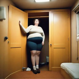 A very tall, huge woman trying to fit into a tiny room