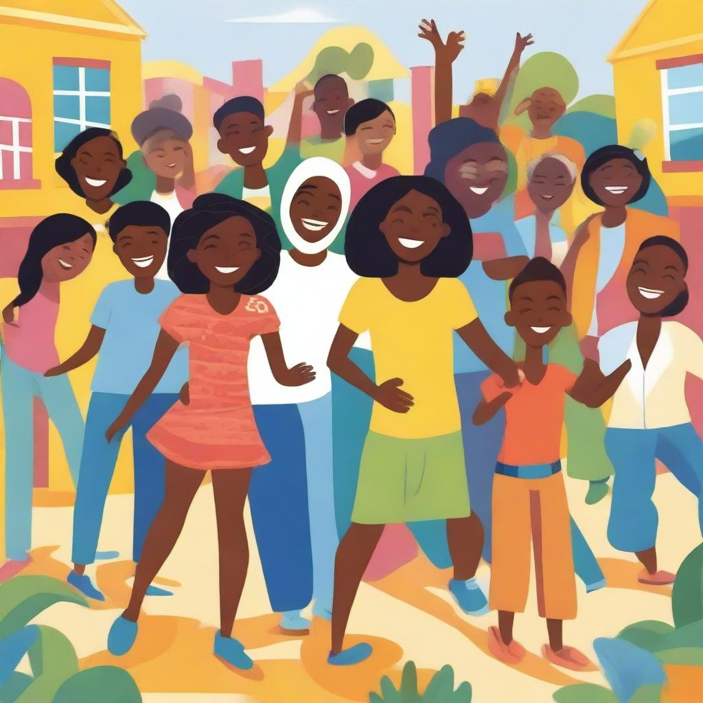 A vibrant and joyful depiction of happiness, featuring people of diverse backgrounds smiling and engaging in fun activities