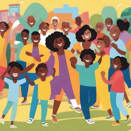 A vibrant and joyful depiction of happiness, featuring people of diverse backgrounds smiling and engaging in fun activities