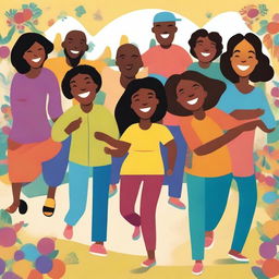 A vibrant and joyful depiction of happiness, featuring people of diverse backgrounds smiling and engaging in fun activities