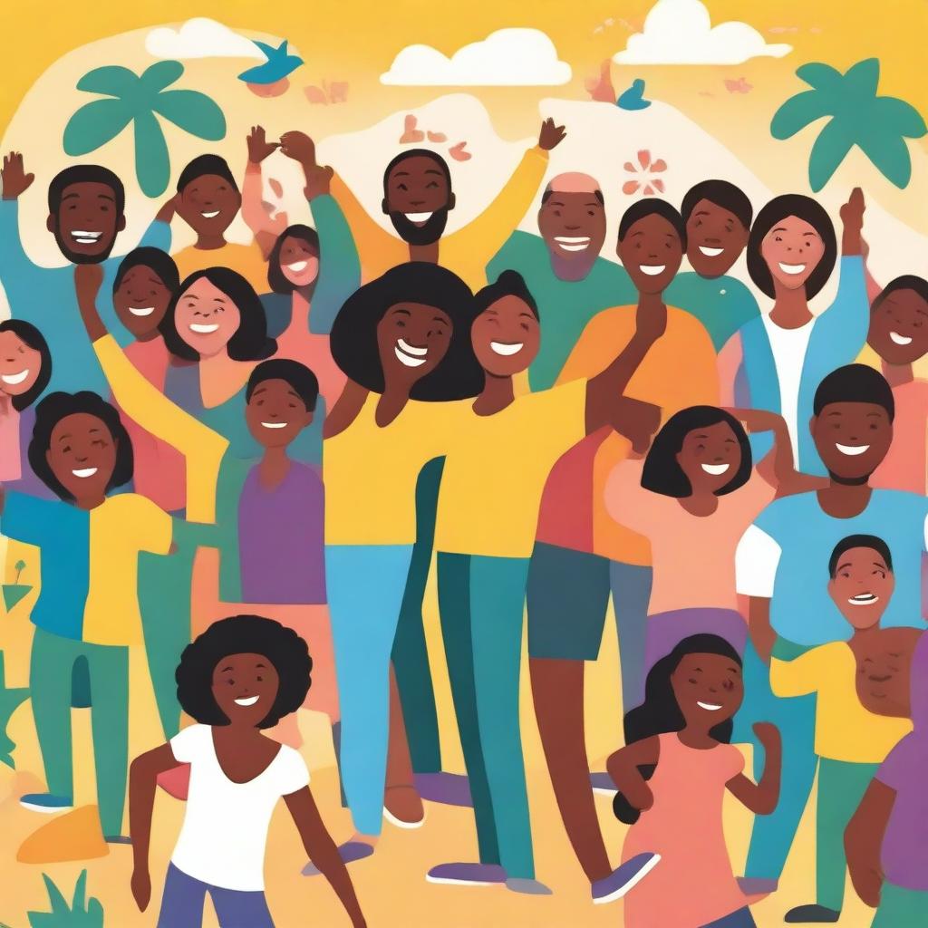 A vibrant and joyful depiction of happiness, featuring people of diverse backgrounds smiling and engaging in fun activities