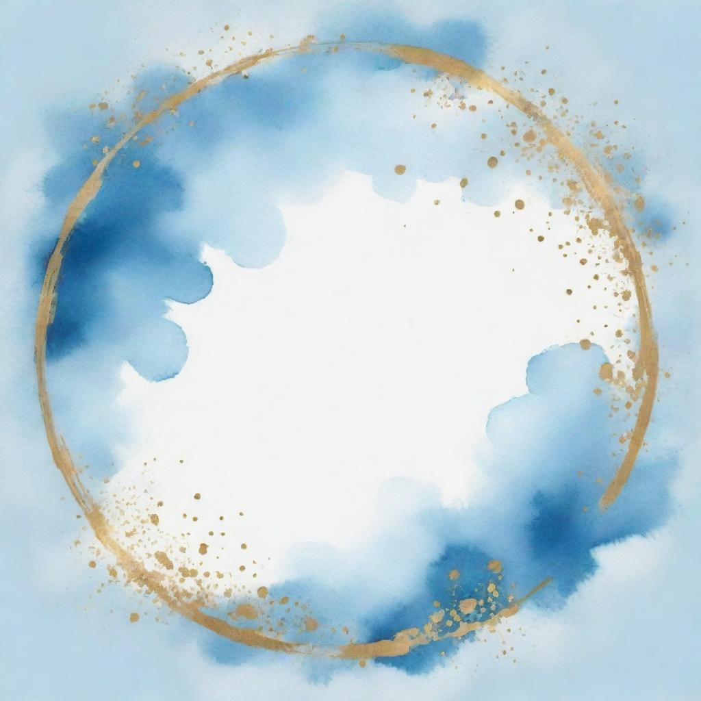 Sky blue watercolor splashes with a round gold frame