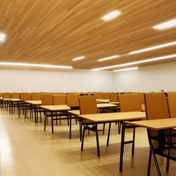 Create a spacious and organized study hall with 60 seats. The interior design should be efficient, containing well-lit individual desk arrangements that promote a conducive and focused learning environment.