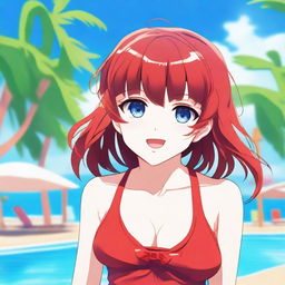 An anime-style girl with blue eyes and bangs, wearing a red swimsuit