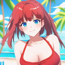 An anime-style girl with blue eyes and bangs, wearing a red swimsuit