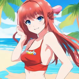 An anime-style girl with blue eyes and bangs, wearing a red swimsuit