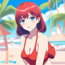 An anime-style girl with blue eyes and bangs, wearing a red swimsuit