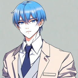 A manga-style boy with bangs, blue hair, and blue eyes, wearing a suit