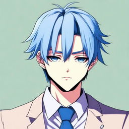 A manga-style boy with bangs, blue hair, and blue eyes, wearing a suit