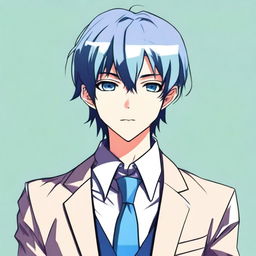 A manga-style boy with bangs, blue hair, and blue eyes, wearing a suit