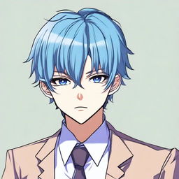 A manga-style boy with bangs, blue hair, and blue eyes, wearing a suit