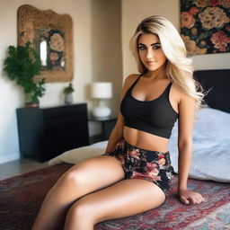 Create an image of a sexy blonde Iranian girl with a curvaceous body wearing a black floral short and a tank top