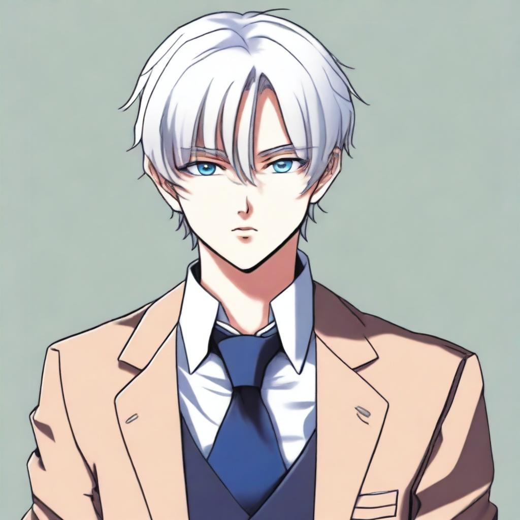 A manga-style boy with bangs, white hair, and blue eyes, wearing a suit