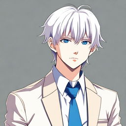 A manga-style boy with bangs, white hair, and blue eyes, wearing a suit