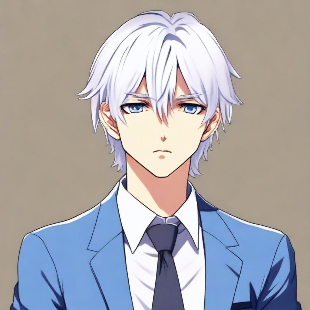 A manga-style boy with bangs, white hair, and blue eyes, wearing a suit