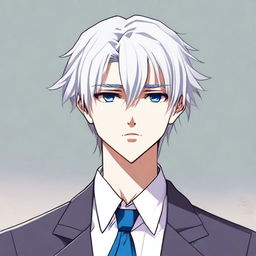 A manga-style boy with bangs, white hair, and blue eyes, wearing a suit