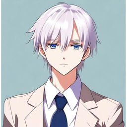 An anime-style boy with bangs, white hair, and blue eyes, wearing a suit