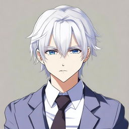 An anime-style boy with bangs, white hair, and blue eyes, wearing a suit