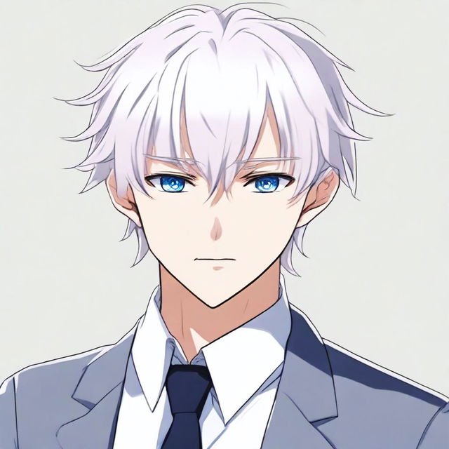 An anime-style boy with bangs, white hair, and blue eyes, wearing a suit