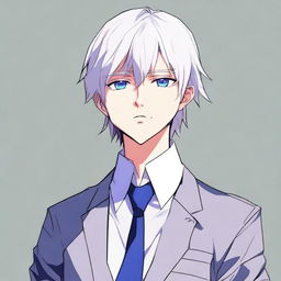 An anime-style boy with bangs, white hair, and blue eyes, wearing a suit