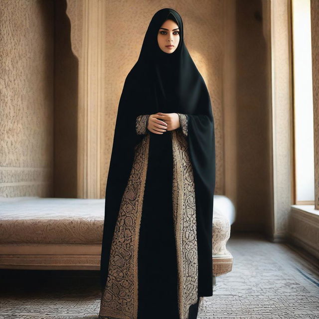 Create an image of a sexy blonde Iranian woman with a curvaceous body, wearing black floral shorts and a chador in a stylish, well-decorated room