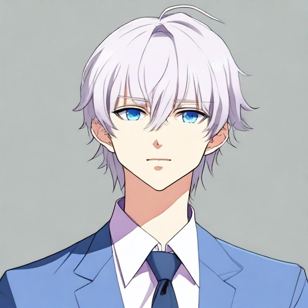 An anime-style boy with bangs, white hair, and blue eyes, wearing a suit