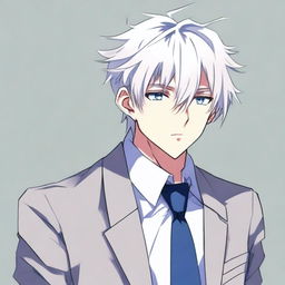 An anime-style boy with bangs, white hair, and blue eyes, wearing a suit