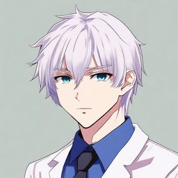 An anime-style boy with bangs, white hair, and blue eyes, wearing a suit