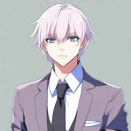 An anime-style boy with bangs, white hair, and blue eyes, wearing a suit