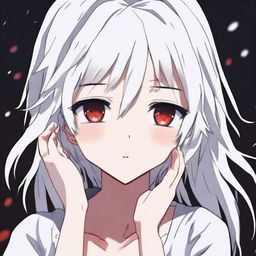 An anime girl with white hair and red eyes, crying