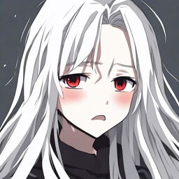 An anime girl with white hair and red eyes, crying