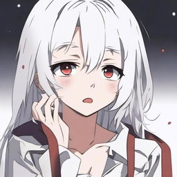 An anime girl with white hair and red eyes, crying