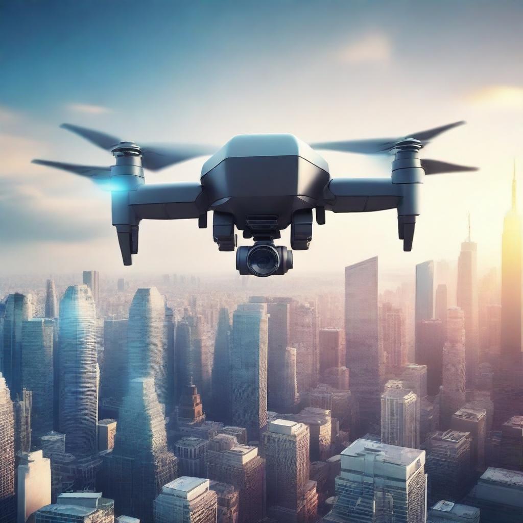 Create a book cover featuring a futuristic drone flying over a cityscape