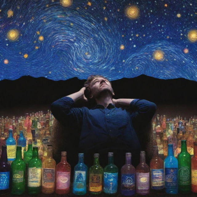 A man lying down gazing at the starry night sky, surrounded by empty alcohol bottles, all rendered in a psychedelic style.