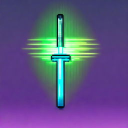 A pixel art image of a mystical sword emitting a radiant energy aura