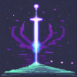 A pixel art image of a mystical sword emitting a radiant energy aura