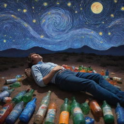 A man lying down gazing at the starry night sky, surrounded by empty alcohol bottles, all rendered in a psychedelic style.