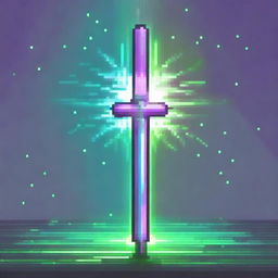 A pixel art image of a mystical sword emitting a radiant energy aura