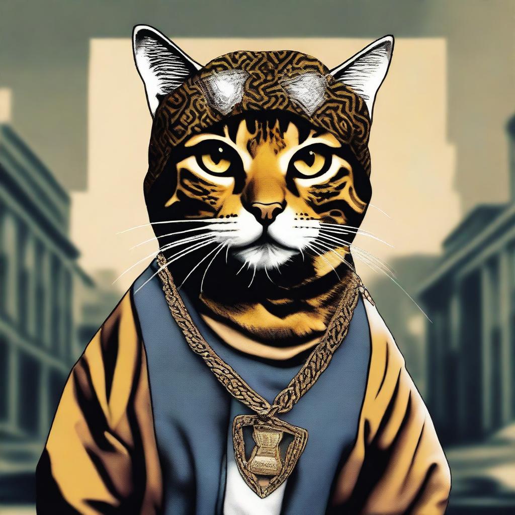 A tortoise shell cat styled with Tupac Shakur's iconic look