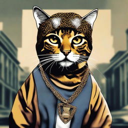 A tortoise shell cat styled with Tupac Shakur's iconic look