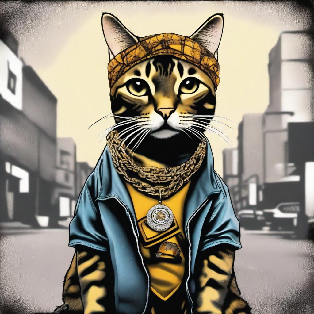 A tortoise shell cat styled with Tupac Shakur's iconic look