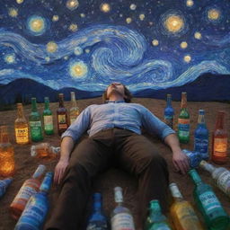 A man lying down gazing at the starry night sky, surrounded by empty alcohol bottles, all rendered in a psychedelic style.