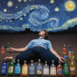 A man lying down gazing at the starry night sky, surrounded by empty alcohol bottles, all rendered in a psychedelic style.