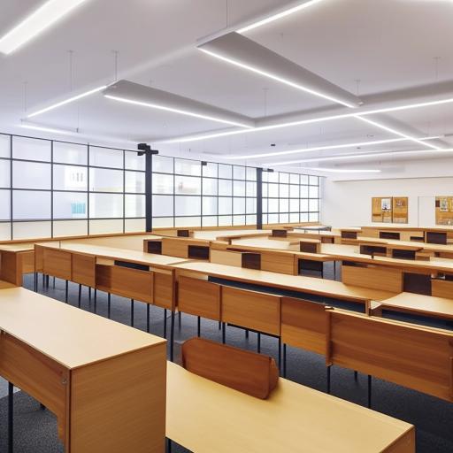 Create a spacious and organized study hall with 60 seats. The interior design should be efficient, containing well-lit individual desk arrangements that promote a conducive and focused learning environment.