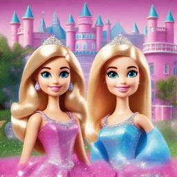 Create an image transforming the faces from the provided photo into characters from the Barbie Diamond Castle universe