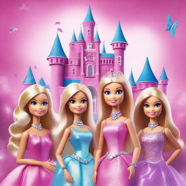 Create an image transforming the faces from the provided photo into characters from the Barbie Diamond Castle universe