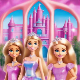 Create an image transforming the faces from the provided photo into characters from the Barbie Diamond Castle universe